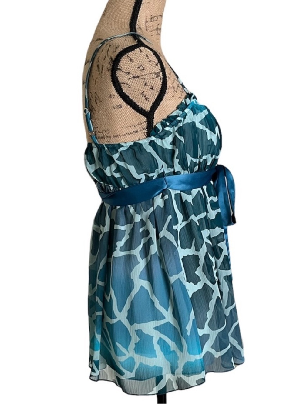 Mixit Blue Abstract Babydoll Tank Satin Tie XS Juniors Flowy Chiffon - Picture 2 of 15